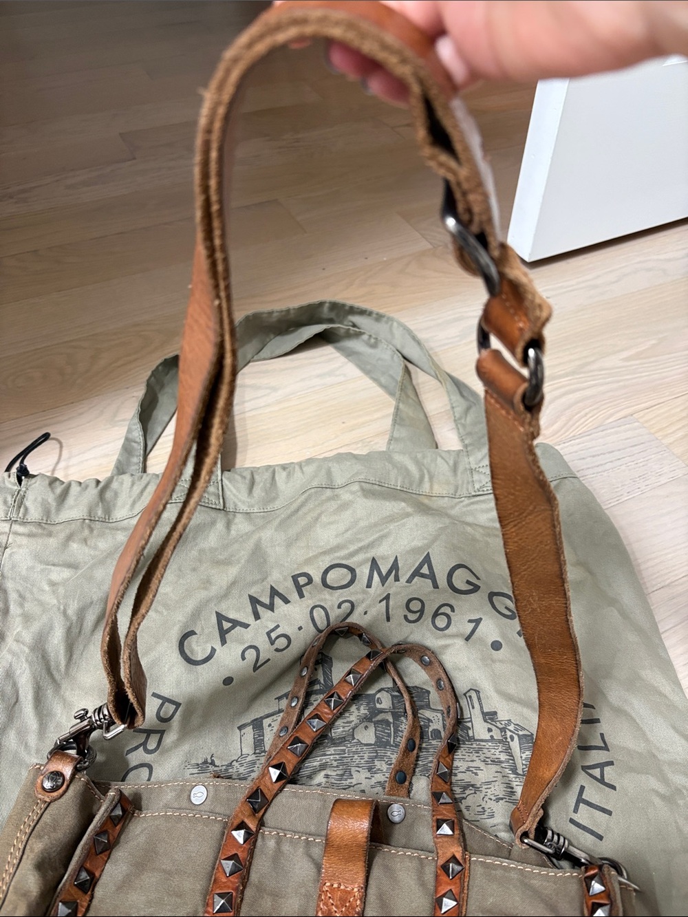 Campomaggi Olive Canvas Tote with Brown Leather Trim and Stud Accents - Picture 3 of 9